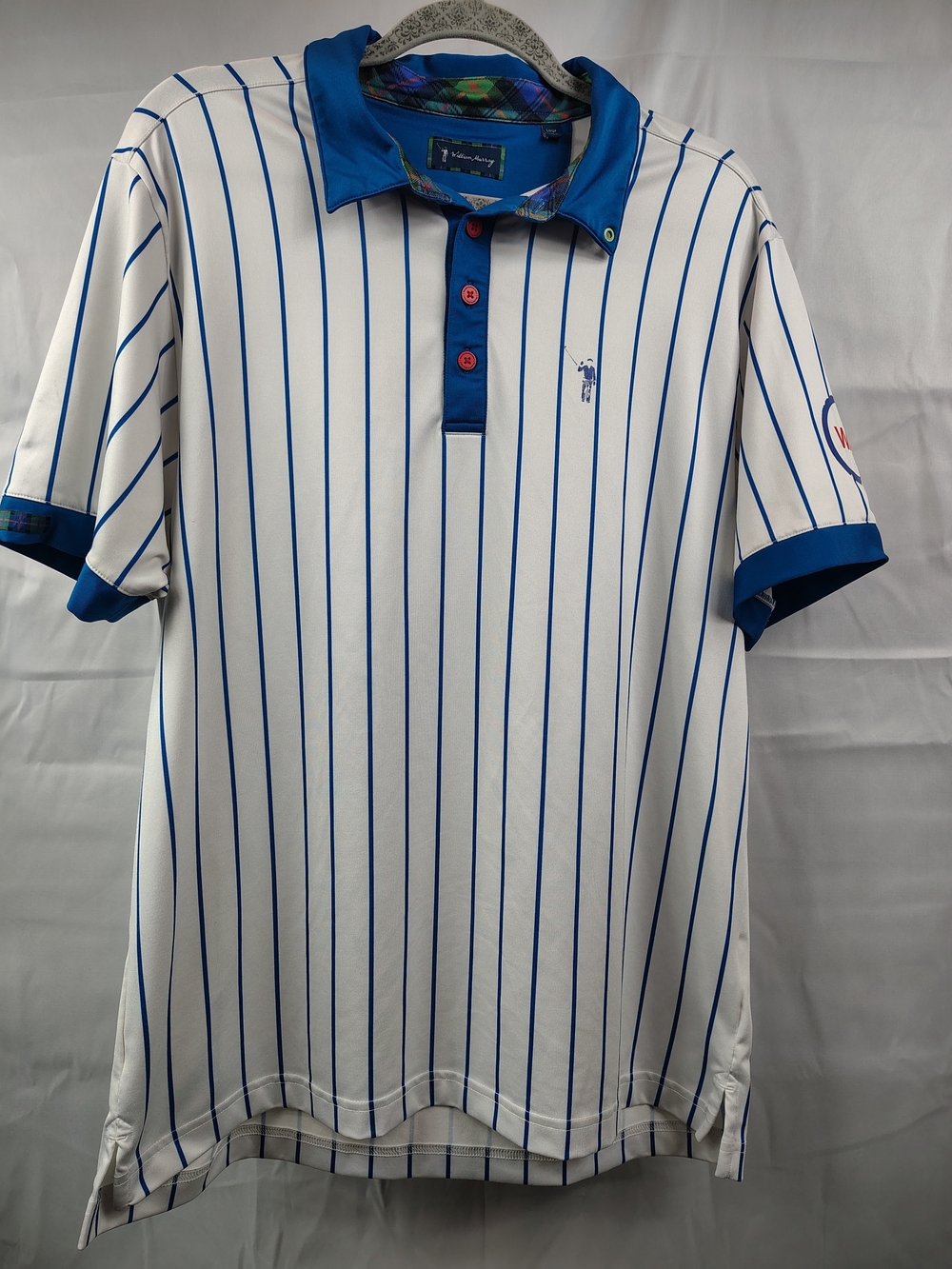 William Murray Golf Polo Large Blue White Pinstripe Plaid Trim Performance Shirt